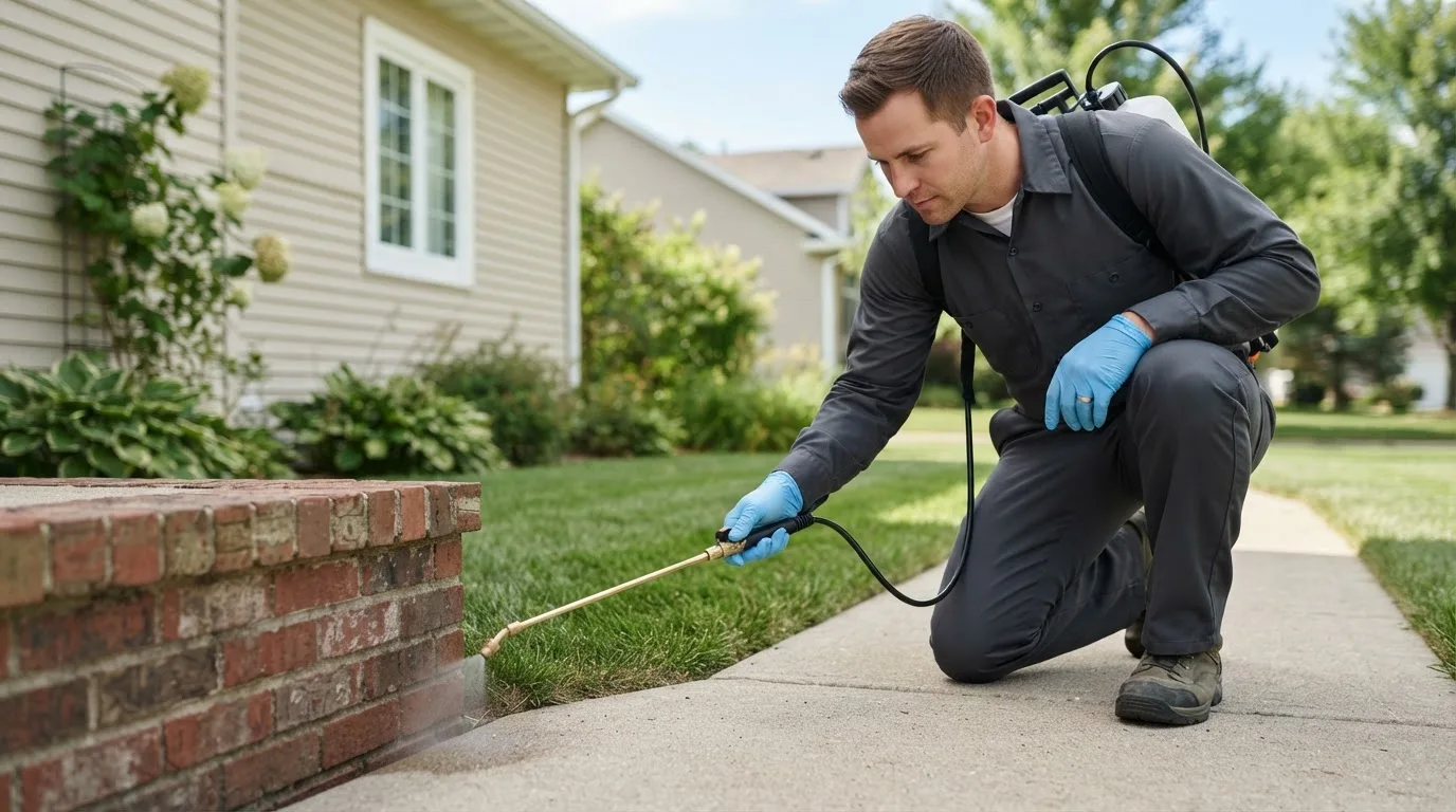 Pest control technician treating a home near Carlos, MN