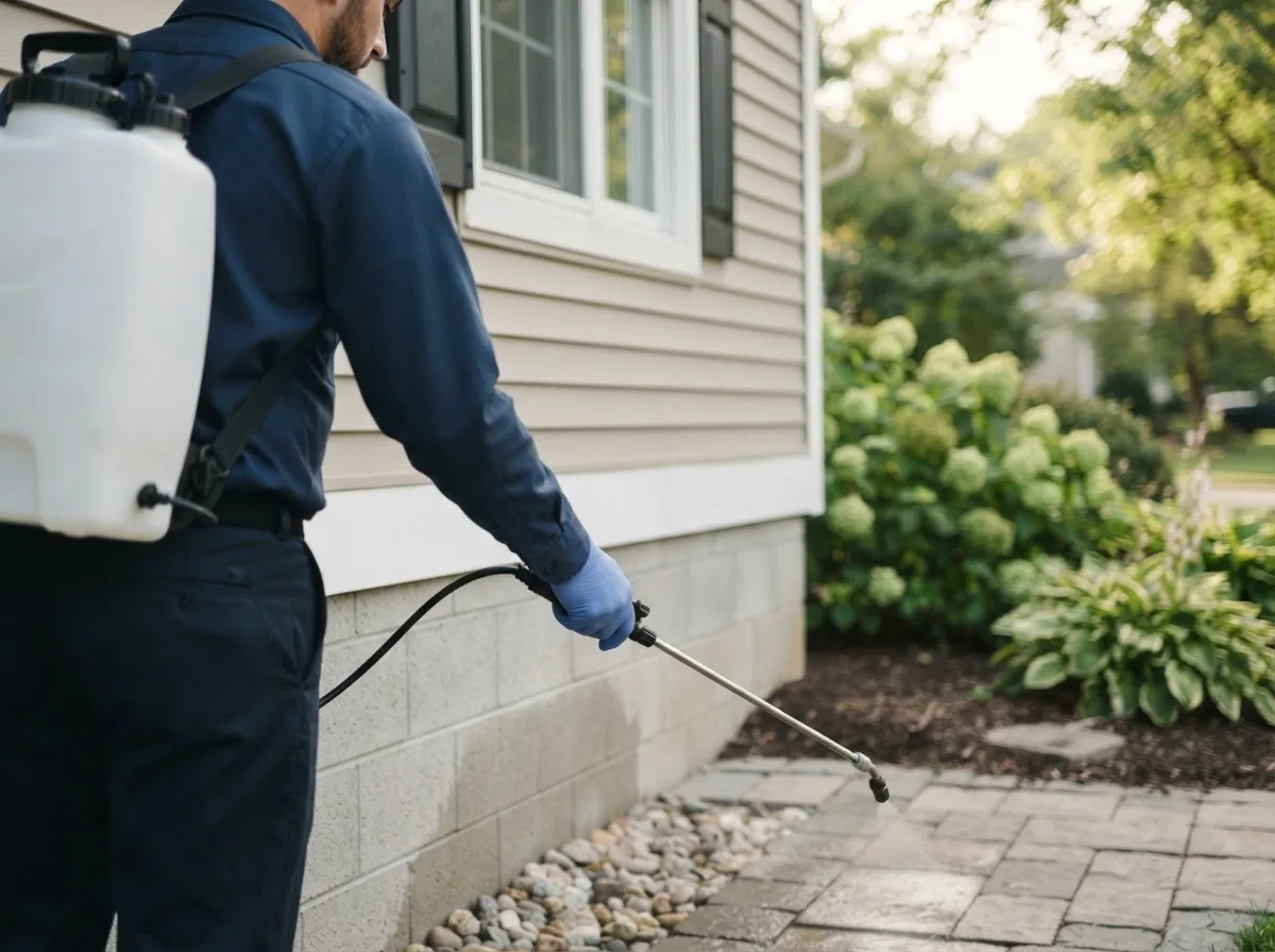 Pest control technician inspecting a home in Carlos, MN